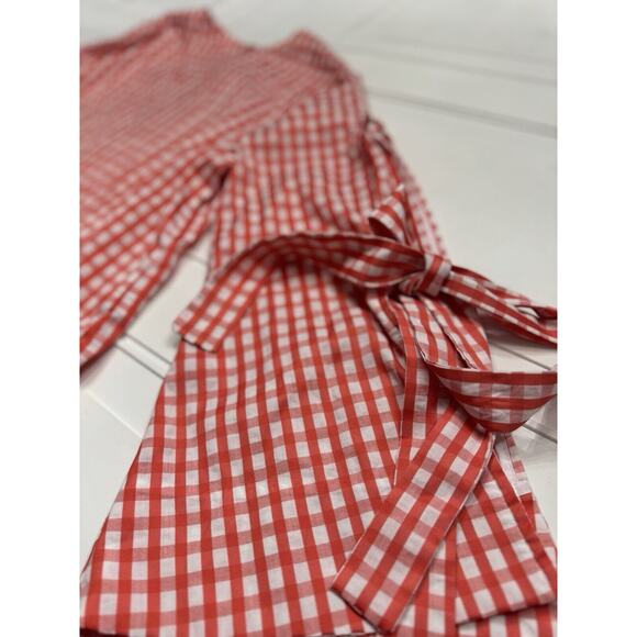 Style Mafia Seersucker Red Plaid Checker Blouse Long Tie Sleeves Size Medium M - Picture 2 of 5